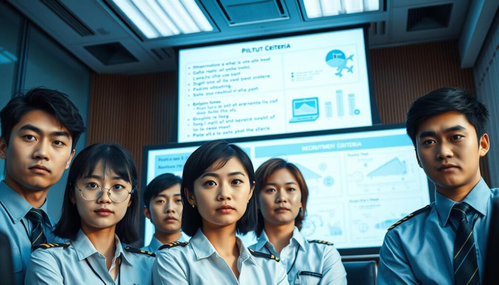 An office interior showcasing the recruitment criteria for pilots. In the foreground, a panel of young Japanese-looking individuals with serious expressions, representing the prospective candidates. Behind them, a large projection screen displays detailed job requirements and qualifications, with technical diagrams and infographics. The lighting is professional and clean, with a slight bluish tint to convey a formal, corporate atmosphere. The camera angle is slightly elevated, providing a comprehensive view of the scene. The overall mood is one of a rigorous, meticulous selection process for this esteemed aviation profession.