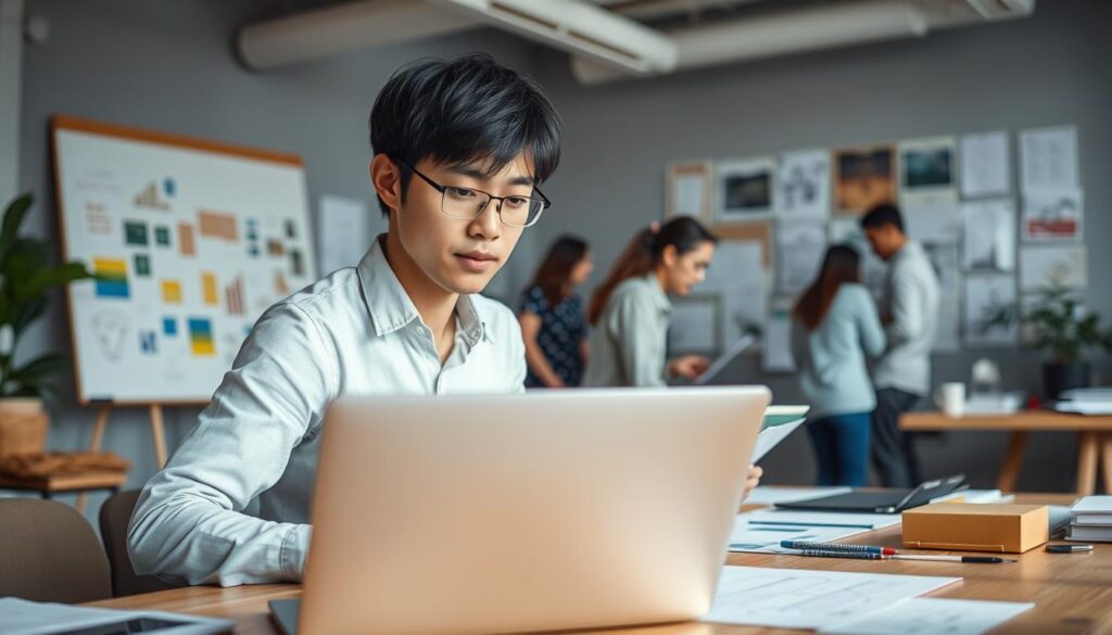 An office setting with a young, Japanese-looking design producer in the foreground, focused on a laptop screen, surrounded by design tools and materials. In the middle ground, colleagues collaborate on mood boards and sketches. The background features a large whiteboard with brainstormed ideas and a wall display showcasing previous design projects. The lighting is natural, with warm tones and a slight depth of field blur, creating a professional, yet creative atmosphere.