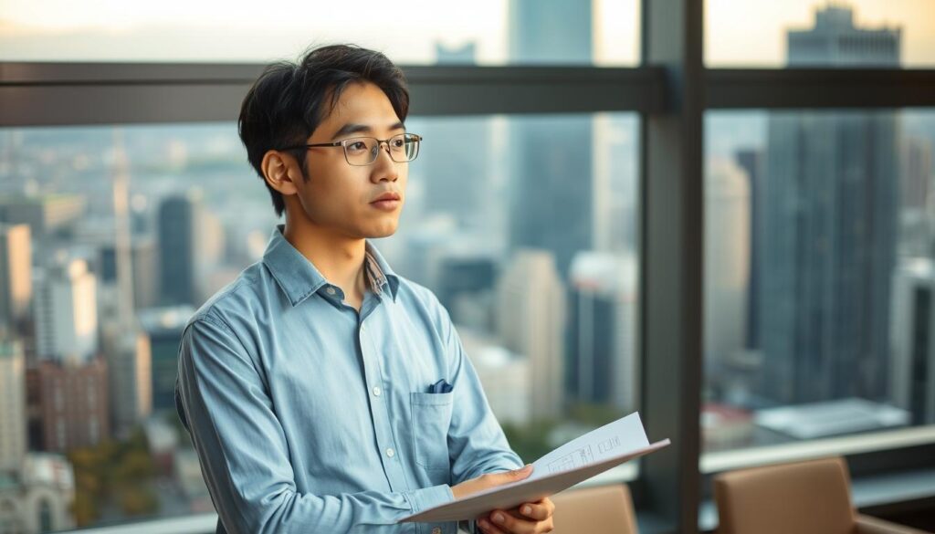 An office setting with a young Japanese-looking environmental consultant standing in the foreground, deep in thought, holding a clipboard. Behind them, a large window offers a view of a bustling city skyline, symbolizing the urban environment they work to improve. The consultant's expression conveys a sense of dedication and problem-solving, as they consider strategies to address sustainability challenges. Soft, warm lighting illuminates the scene, creating a contemplative atmosphere. The image should capture the essence of an environmental consultant's work and the potential for positive impact on the community.