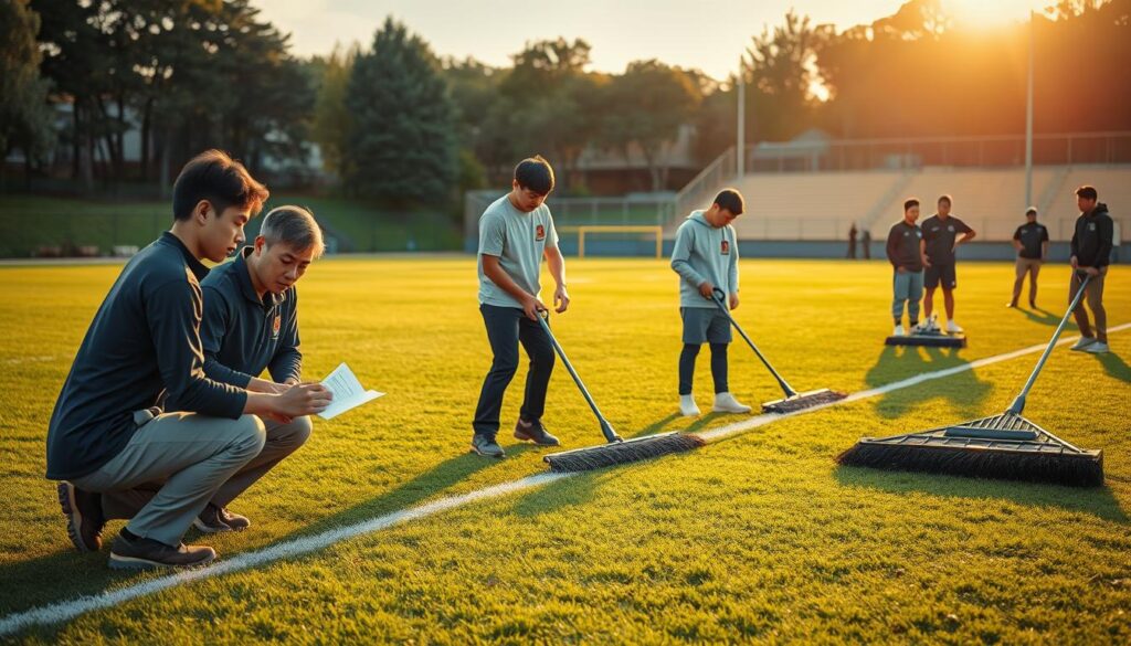 An outdoor sports field in golden hour lighting, with a group of young Japanese-looking groundskeepers intently collaborating on maintaining the lush green turf. In the foreground, two workers are discussing plans while kneeling and inspecting the soil. In the middle ground, others are trimming the grass and sweeping the edges using professional-grade tools. In the background, the team's coaches and managers observe approvingly, overseeing the well-coordinated efforts. The scene conveys a sense of teamwork, dedication, and pride in maintaining the pristine playing surface for the athletes.