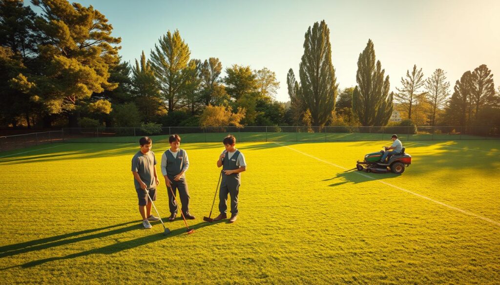 An overhead view of a well-manicured, lush green sports field, bathed in warm, golden afternoon sunlight. In the foreground, a group of three groundskeepers, all young, Japanese-looking individuals with dark hair, meticulously tending to the grass with various tools. They appear to be discussing their work, their expressions focused and serious. In the middle ground, a groundskeeper operates a riding mower, efficiently maintaining the pristine turf. The background depicts the serene, natural surroundings of the sports facility, with towering trees and a clear, blue sky overhead. The scene conveys a sense of diligence, professionalism, and the importance of the groundskeepers' role in ensuring the playing field is in optimal condition.