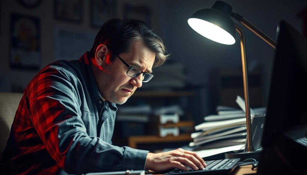 An overworked customer engineer toils late into the night, hunched over a desk in a dimly lit office. The scene is lit by the warm glow of a single desk lamp, casting dramatic shadows across their weary face. Their expression conveys a mix of focus and exhaustion, reflecting the demands of their role. In the background, a cluttered workspace suggests the relentless nature of their duties. The overall atmosphere is one of dedication and sacrifice, capturing the realities faced by customer engineers who routinely work extended hours to support their clients.