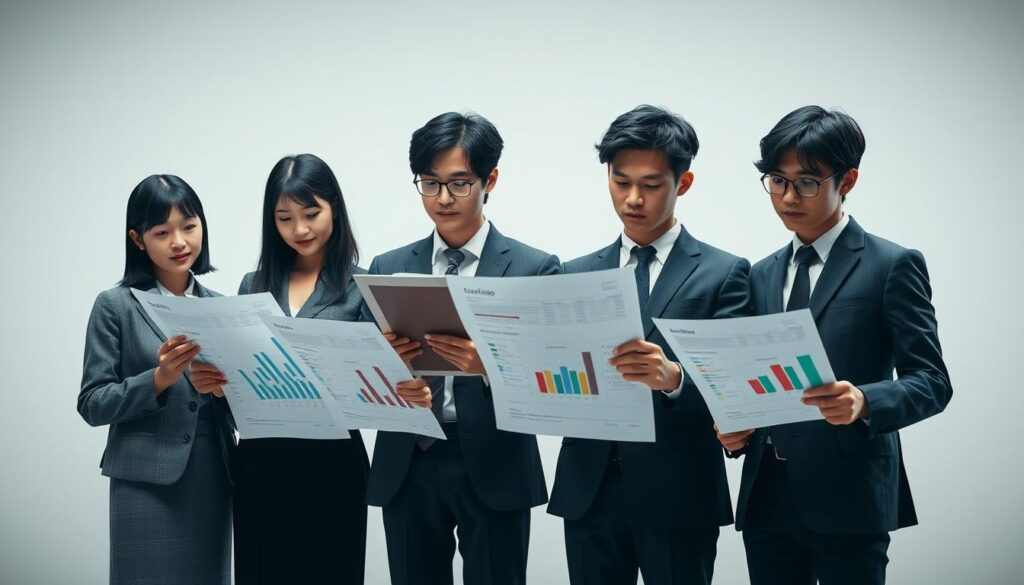 An ultra-realistic, cinematic image depicting a well-lit scene with four young Japanese-looking individuals, all with black hair, standing side by side and examining various financial reports and charts. The figures are positioned in the foreground, with a clean, neutral background that allows the subjects to be the focal point. The lighting is soft and directional, creating depth and dimension. The camera angle is slightly elevated to provide an authoritative, professional perspective. The overall mood is one of serious analysis and comparison, befitting the subject of "Technical Director Salary Comparison by Industry".