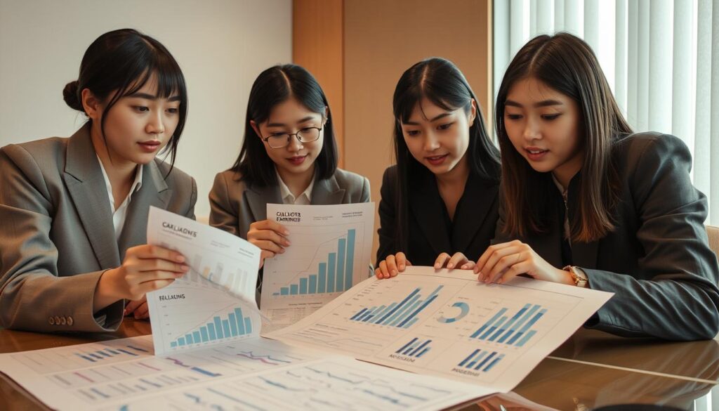 Detailed financial analysis of the annual earnings of a color therapist, presented in a stylish and visually engaging manner. A serene, softly-lit scene featuring a group of young, Japanese-looking professionals examining charts and graphs depicting income data and salary breakdowns. Subtle, muted colors and a sense of professionalism and expertise convey the serious, analytical nature of the subject matter. Careful camera angles and a focus on the hands and faces of the individuals involved suggest an in-depth, insightful exploration of this career path and its earning potential.