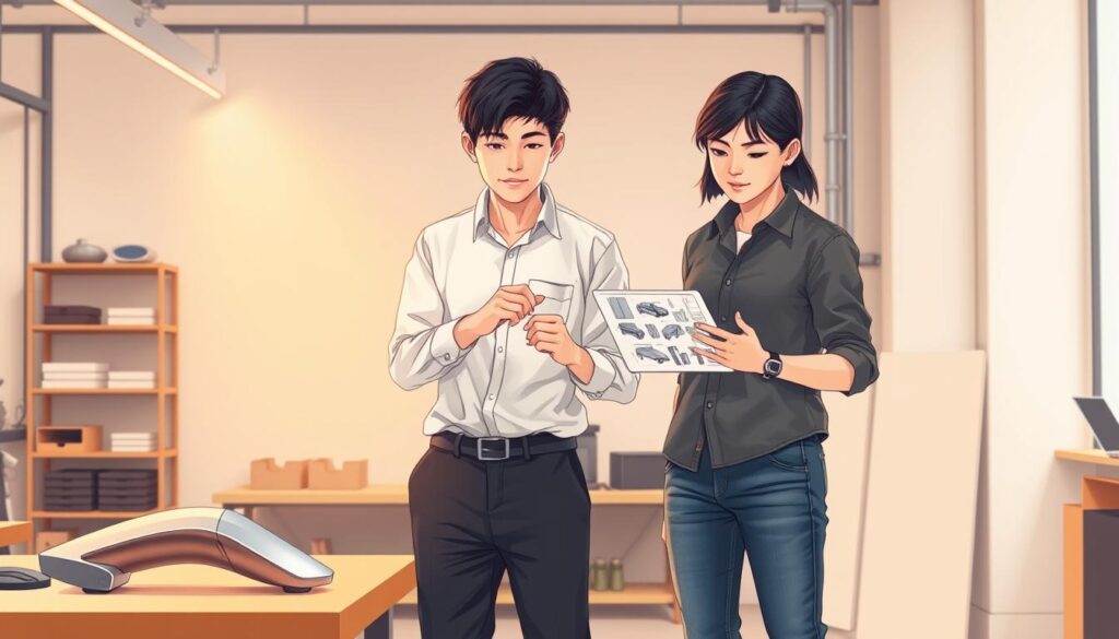 Detailed illustration of two young Japanese-looking individuals, a professional industrial designer and a product designer, standing side by side in a modern, minimalist workspace. The industrial designer, wearing a crisp white shirt and dark slacks, gestures towards a sleek, metallic prototype on a workbench, while the product designer, in a casual button-up and jeans, examines a digital tablet displaying intricate product schematics. Warm, directional lighting illuminates the scene, highlighting the focus and concentration on their faces as they discuss their distinct areas of expertise. The background features clean lines, neutral tones, and subtle industrial elements, creating a balanced, professional atmosphere.