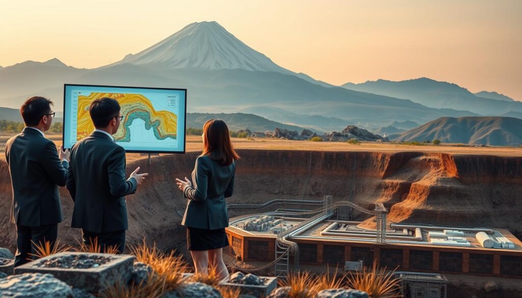 Detailed landscape depicting the unique challenges faced by the geological consulting industry. In the foreground, a team of young Japanese professionals in business attire are engaged in animated discussion, hands gesturing as they analyze geological data projected on a large screen. The middle ground features a complex network of underground infrastructure, pipes, and rock formations, suggesting the technical complexity of their work. In the background, a towering mountain range rises, symbolizing the scale and scope of the industry's responsibilities. Warm, natural lighting casts a contemplative mood, as the team considers solutions to the unique obstacles of their field. Realistic, photographic quality, with a focus on the human element of this specialized profession.