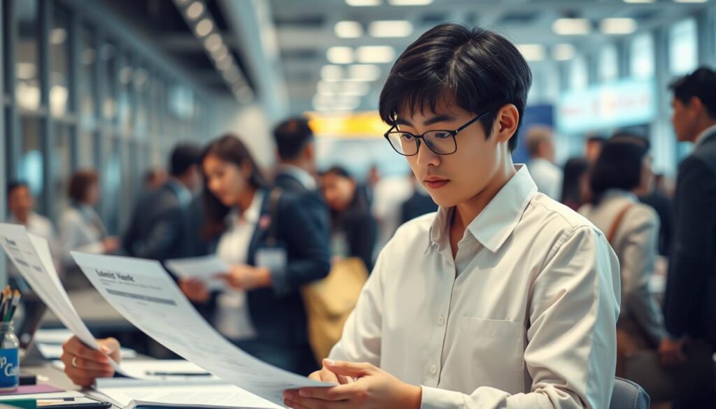 Detailed scene of a young, Japanese-looking job seeker's process for securing employment as a ground staff. A well-lit, realistic setting shows the applicant meticulously preparing their resume, researching companies, and rehearsing interviews with a serious, determined expression. The middle ground features the applicant confidently engaging with prospective employers, while the background depicts the bustling atmosphere of a job fair or recruitment event. Subtle lighting and depth of field accentuate the focus on the central figure's diligent preparation and professionalism.