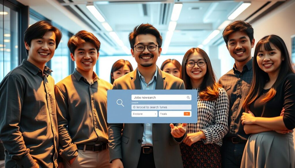 Diverse group of young Japanese professionals standing in a modern office setting, showcasing a digital interface highlighting three top job search websites for regional employment. Warm, vibrant lighting illuminates their faces, conveying a sense of confidence and determination. The scene is captured with a medium-wide angle lens, emphasizing the collaborative atmosphere. The overall mood is one of optimism and opportunity, reflecting the article's focus on finding the ideal job search platform for those seeking local employment.