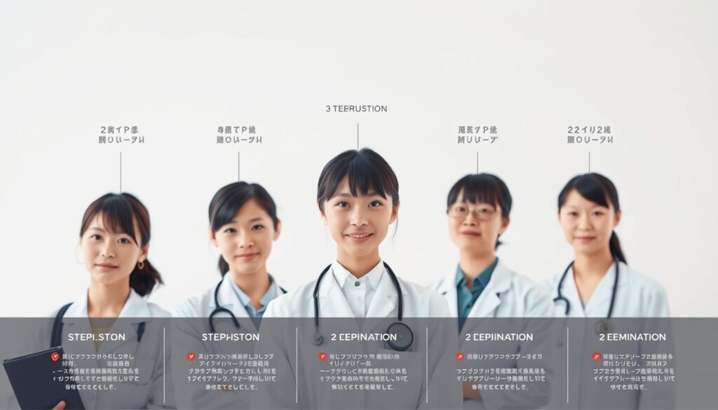 Meticulously detailed illustration of the comprehensive process for obtaining co-medical certifications. Depict a group of young, Japanese-looking models against a clean, minimalist background. Showcase the step-by-step stages in the foreground, with subtle cues alluding to the necessary qualifications and examinations. Utilize natural, soft lighting to convey a sense of professionalism and focus. Capture the models in various poses, representing the dedication and effort required throughout the certification journey. Ensure a balanced, cohesive composition that visually communicates the complexities of the co-medical credentialing process.