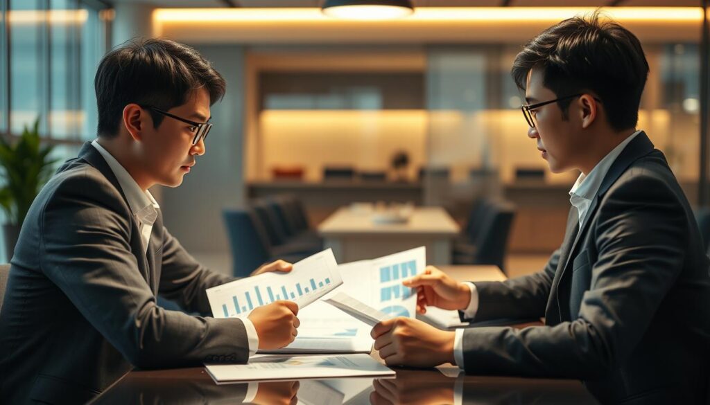 Photorealistic image of three young, Japanese-looking consultants in a modern office environment. The consultants are sitting at a table, intently discussing financial documents and charts. Warm, diffused lighting from overhead illuminates the scene, creating a professional and focused atmosphere. The scene is captured from a slightly elevated angle, allowing the viewer to see the details of the consultants' expressions and body language as they collaborate on their work. The background is blurred, keeping the focus on the central figures and their task at hand.