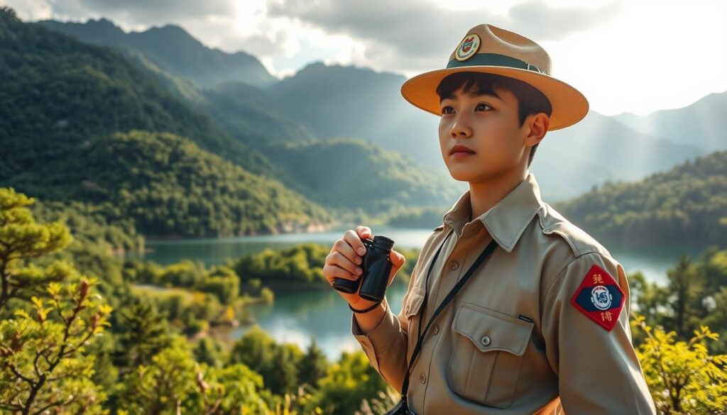 Striking natural landscape with lush greenery, towering mountains, and a serene lake. In the foreground, a young Japanese park ranger in a crisp uniform stands vigilant, binoculars in hand, surveying the tranquil scene. Sunlight filters through the canopy, casting a warm glow over the entire setting. The ranger's expression is one of dedication and focus, embodying the passion and responsibility of their role in protecting the natural environment. The image conveys a sense of harmony between humanity and the great outdoors, highlighting the vital work of these guardians of the wilderness.