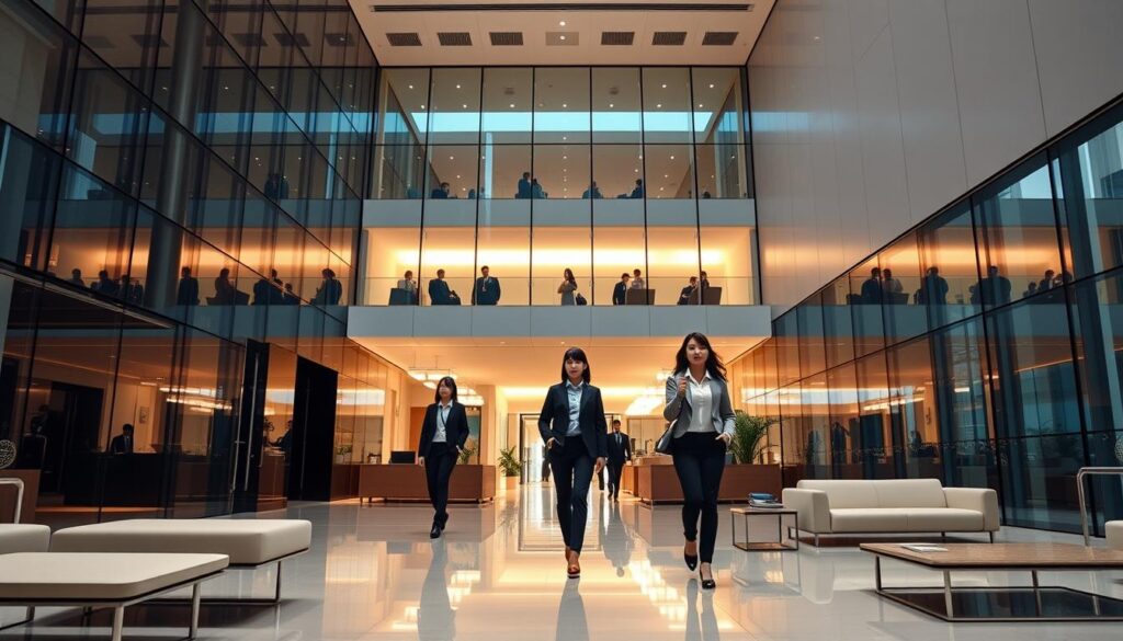 Stunning architectural interiors of prestigious global management consulting firms, capturing their polished, modern aesthetic. Minimalist glass facades, sleek furniture, and warm lighting create an atmosphere of professionalism and innovation. Young, Japanese-looking models dressed in business attire move through the refined spaces, exemplifying the talent and expertise associated with these top-tier consultancies. The scene conveys a sense of prestige, dynamism, and the ability to tackle complex business challenges with a sophisticated, data-driven approach.