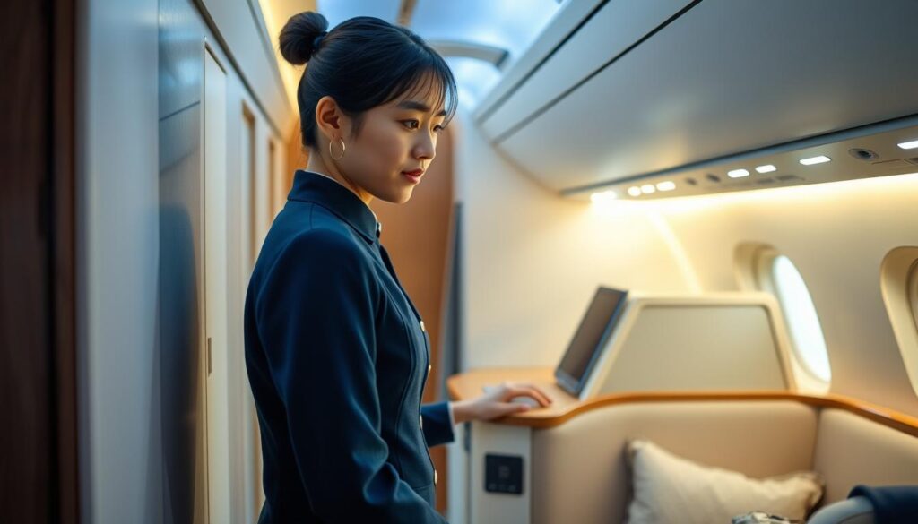 The interior of a meticulously designed cabin, illuminated by soft, warm lighting. A young Japanese-looking cabin attendant, dressed in a crisp, navy-blue uniform, attentively monitors the cabin from a compact but ergonomic workstation. The atmosphere is serene, with elegant fixtures and clean lines conveying a sense of professionalism and efficiency. In the background, the muted hues of the cabin walls and the subtle patterns of the upholstery create a calming, almost zen-like ambiance, reflecting the attention to detail that defines the cabin attendant's work environment.
