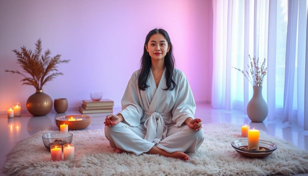 Vibrant color therapy session in a serene, minimalist studio. A young Japanese woman in a flowing white robe sits cross-legged on a plush rug, surrounded by an array of crystal bowls, candles, and natural elements. Soft, diffused lighting bathes the scene, creating a sense of tranquility. The woman's expression is one of deep focus and inner calm as she guides the viewer through the restorative power of chromotherapy.