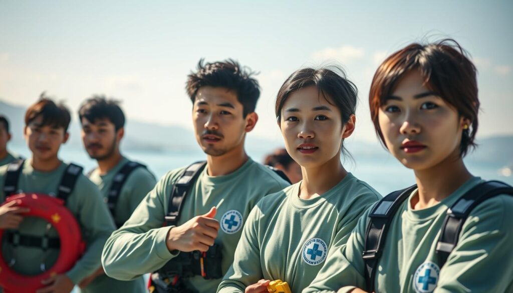 Vibrant image showcasing a group of young, Japanese-looking individuals participating in a lifesaving certification exam. Set against a tranquil, sun-drenched outdoor backdrop, the scene captures the intensity and focus of the candidates as they navigate through a series of practical tests and assessments. Subtle details like the lifesaving equipment, first-aid kits, and safety gear create a sense of professionalism and commitment. Soft, natural lighting illuminates the faces of the models, conveying a sense of determination and purpose. The overall composition and mood evoke the rigorous training and dedication required to become a certified lifesaver.