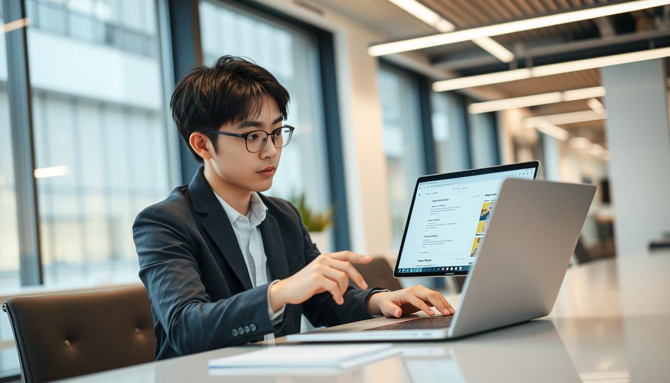 20代の若手ビジネスパーソンがオフィスでパソコンを使って転職サイトを閲覧している様子