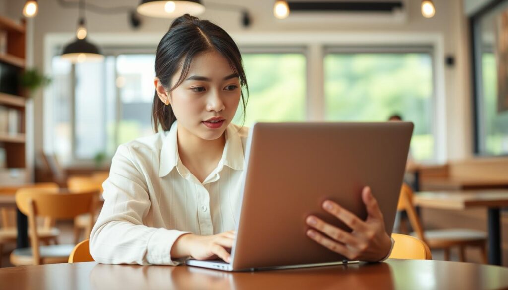 20代女性がカフェでノートパソコンを使って女性向け転職サイトを閲覧している様子