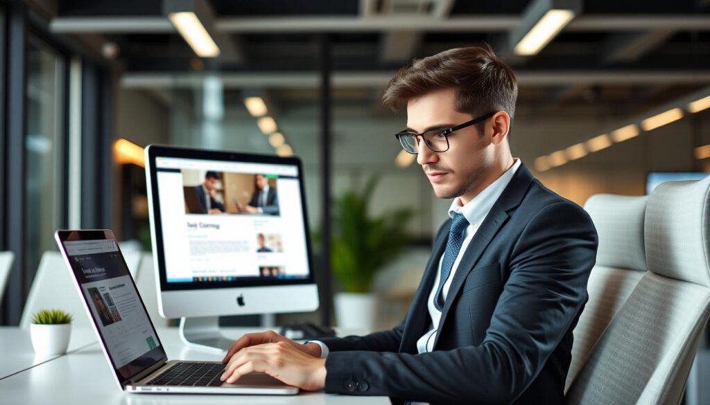 20代後半のビジネスパーソンがオフィスでキャリアアップのための転職サイトを検討している様子
