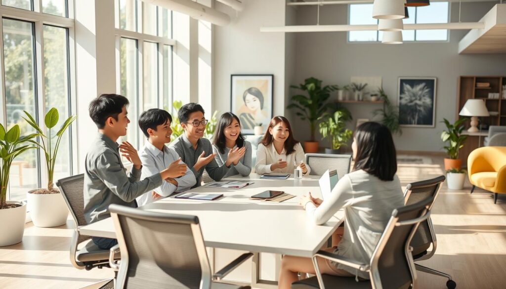 A bright, airy office space with large windows and natural lighting. In the foreground, a group of young, Japanese-looking professionals gather around a conference table, engaged in a lively discussion. They appear relaxed and collaborative, gesturing animatedly as they brainstorm ways to improve their work environment. In the middle ground, ergonomic desks and chairs are neatly arranged, suggesting a focus on employee comfort and productivity. The background features potted plants, modern art, and a cozy lounge area, creating a visually stimulating and rejuvenating atmosphere. The overall scene conveys a sense of forward-thinking, employee-centric approach to workplace design and culture.