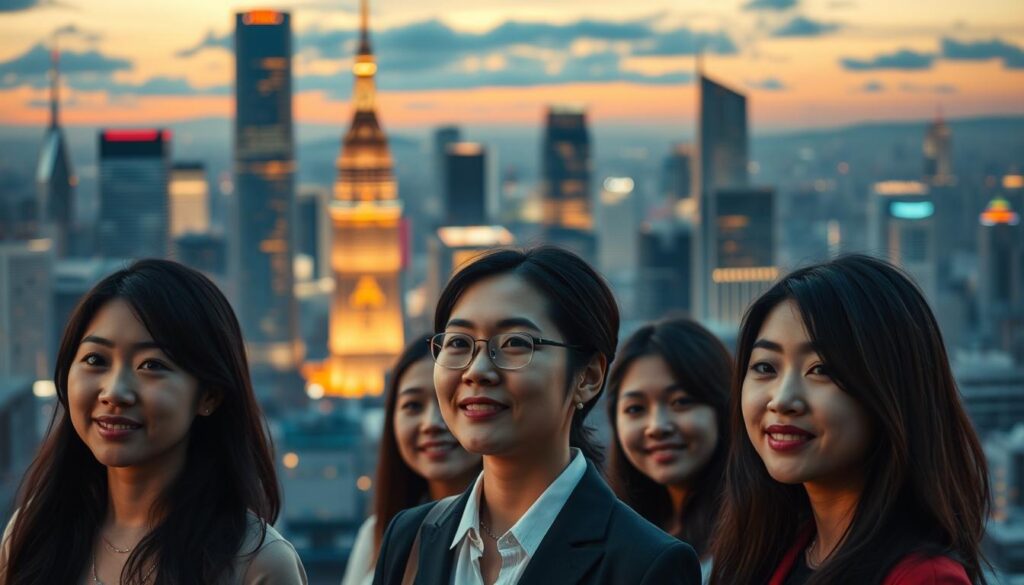 A bustling city skyline at dusk, with towering skyscrapers and a vibrant cityscape. In the foreground, a group of young Japanese professionals, their faces illuminated by warm, diffused lighting, sharing their personal stories of career transitions and the challenges they overcame. Their expressions are genuine, conveying a sense of pride and accomplishment. The scene is captured with a cinematic, documentary-style aesthetic, using a shallow depth of field to focus on the individuals while hinting at the larger urban environment surrounding them.