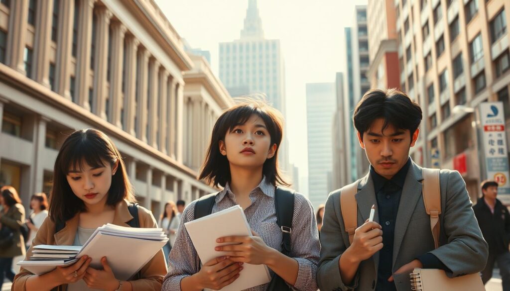 A bustling city streetscape, bathed in warm afternoon light. In the foreground, three young Japanese professionals stand thoughtfully, their expressions a mix of determination and uncertainty. One gazes down at a stack of documents, another stares off into the distance, while the third fidgets with a pen, deep in contemplation. The middle ground features the imposing facades of government buildings, their austere architecture and rigid lines a stark contrast to the human subjects. In the background, a sense of motion and activity, as commuters hurry by, lost in their own career journeys. The overall mood is one of transition, of individuals reconsidering their paths, seeking new opportunities beyond the confines of the public sector.