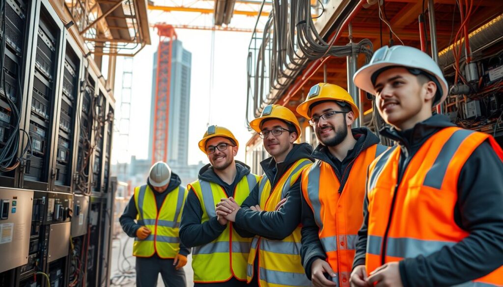 A bustling construction site, where the future of infrastructure takes shape. Young, determined engineers in sleek, high-visibility gear coordinate the installation of cutting-edge systems - sleek servers, intricate wiring, and state-of-the-art monitoring equipment. The scene is bathed in warm, natural lighting that highlights their focused expressions and the rapid progress unfolding around them. In the background, a towering, modern building stands as a testament to their expertise, hinting at the vast potential of this dynamic career path. The atmosphere is one of innovation, teamwork, and a sense of shaping the world to come.