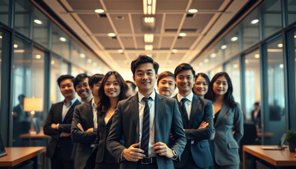 A bustling corporate office, bathed in warm, diffused lighting. At the center, a group of young, ambitious-looking Japanese professionals in business attire stand confidently, embodying the dynamic presence of leading global management consultants. Their expressions convey a blend of focus and determination, hinting at the depth of their industry expertise. The scene captures the essence of the top players shaping the future of the foreign consultancy landscape in Japan, their influence palpable through their commanding presence. A sense of forward momentum and strategic vision permeates the frame, reflecting the transformative impact these key figures have on the industry.
