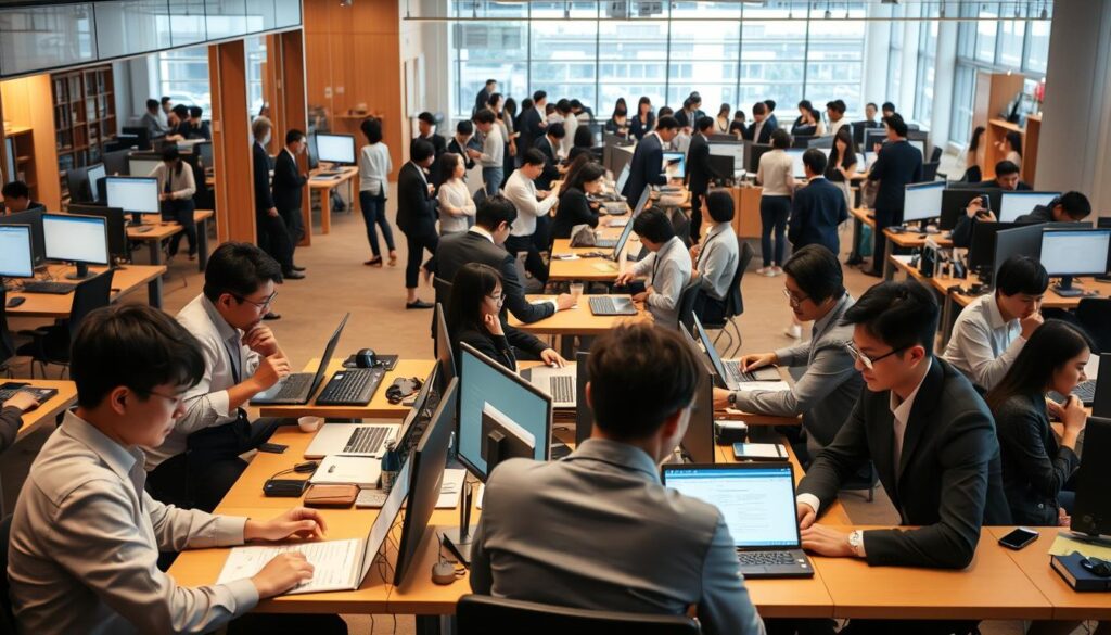 A bustling corporate office, illuminated by warm lighting and sleek, modern design. In the foreground, young Japanese professionals sit at their desks, engaged in a variety of tasks - typing furiously on laptops, consulting documents, or engaged in animated discussions. In the middle ground, groups of colleagues gather around a central conference table, debating ideas and collaborating on projects. The background is filled with a sense of activity and productivity, with employees moving between workstations and the occasional glimpse of an executive office or a breakroom. The scene conveys a sense of the diverse working environments and experiences across various industries, inviting the viewer to compare and contrast the unique challenges and rewards of each sector.