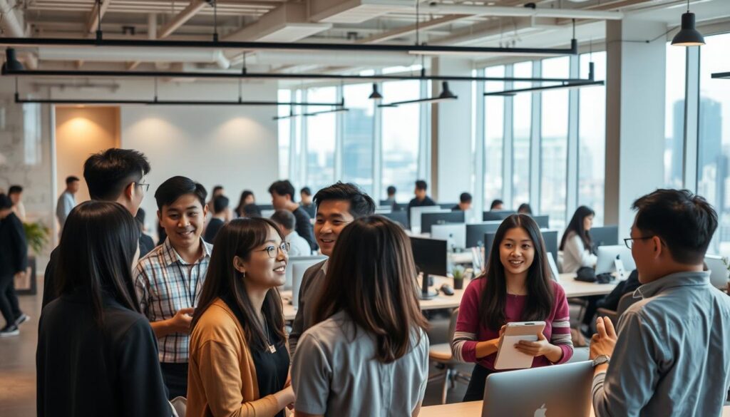A bustling coworking space with a modern, minimalist aesthetic. In the foreground, a group of young, Japanese-looking professionals are engaged in deep conversation, their faces animated as they exchange ideas and make connections. Soft, diffused lighting illuminates the scene, creating a warm and inviting atmosphere. In the middle ground, clusters of desks and workstations are arranged in an open, collaborative layout, fostering a sense of community. The background features large windows, offering a glimpse of the vibrant cityscape outside, hinting at the vast network of opportunities awaiting these ambitious individuals embarking on their freelance journeys.