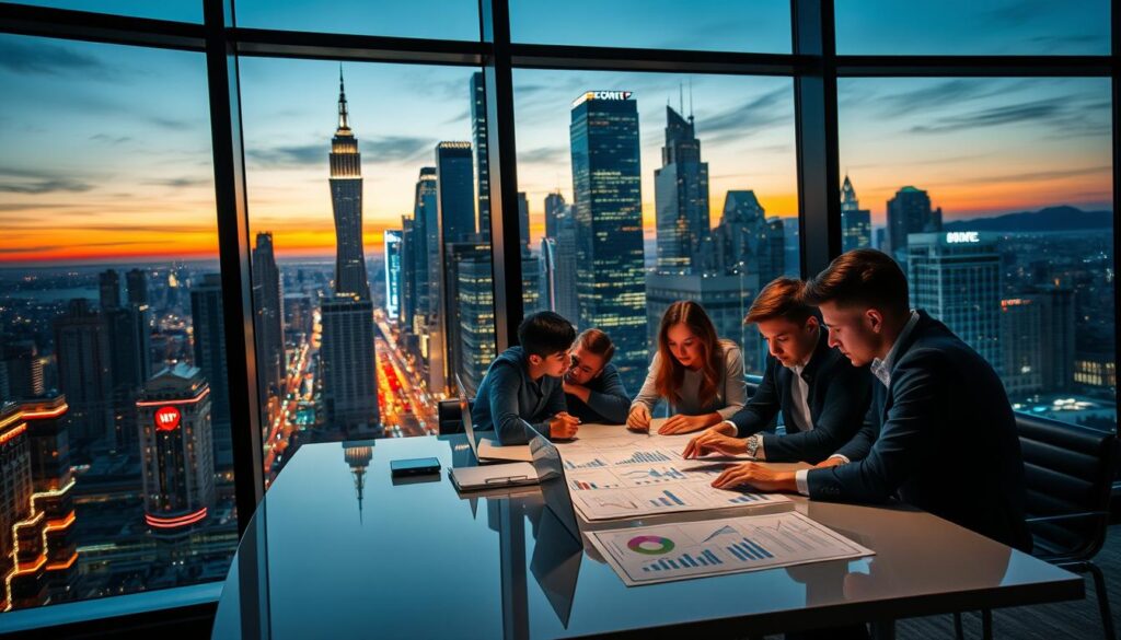 A bustling financial center at dusk, the cityscape a tapestry of soaring skyscrapers and neon-lit streets. In the foreground, a group of young, driven entrepreneurs gathered around a sleek conference table, poring over charts and graphs, their expressions intense with the weight of their investments. Subtle lighting casts dramatic shadows, creating an atmosphere of anticipation and possibility. Through the expansive windows, the city glitters below, a visual metaphor for the ever-evolving trends that drive the startup ecosystem. The scene exudes a sense of energy, innovation, and the thrill of taking calculated risks in pursuit of outsized rewards.