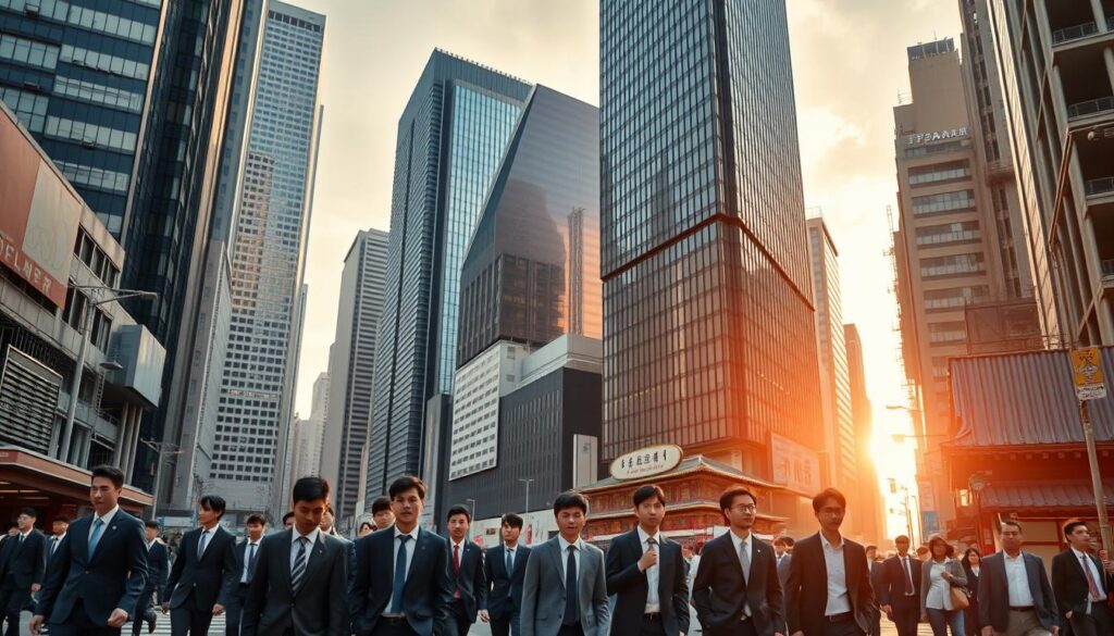 A bustling financial district with towering skyscrapers casting long shadows across the streets below. In the foreground, a group of young, ambitious Japanese professionals in suits stride purposefully, their expressions focused and determined. The middle ground reveals a blend of traditional and modern architecture, hinting at the dynamic blend of old and new that defines this investment landscape. The background is bathed in warm, golden light, conveying a sense of optimism and opportunity. The scene evokes a vibrant, forward-looking environment where innovative startups and established companies coexist, driving Japan's economic growth. Realistic photographic quality with a cinematic, aspirational feel.