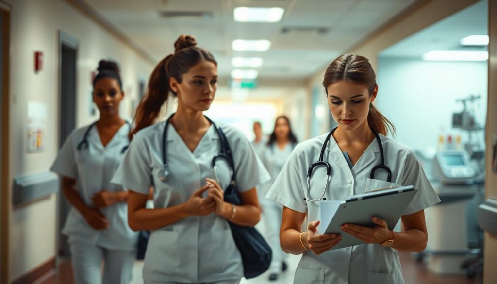A bustling hospital corridor, brightly lit with warm overhead lighting. In the foreground, a group of young, focused nurses dressed in crisp white uniforms confidently stride through the scene, their expressions exuding a sense of purpose and determination. In the middle ground, a nurse in deep thought examines a clipboard, brows furrowed as she contemplates her next steps. The background reveals a well-equipped nursing station, conveying an atmosphere of efficient, collaborative healthcare. The overall mood is one of professionalism, competence, and a drive to deliver the best possible patient care, capturing the essence of a successful nurse's career transition.