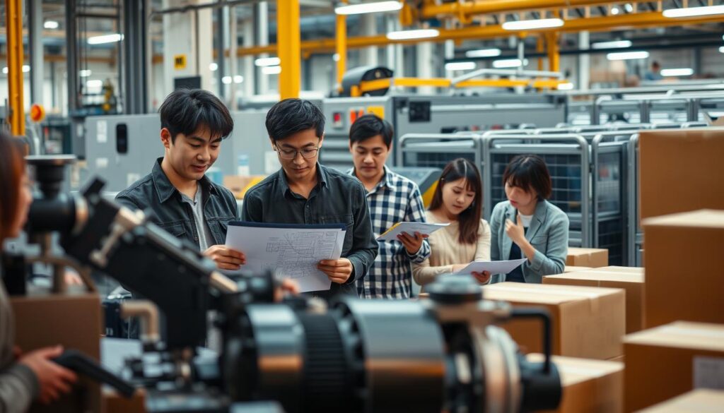 A bustling manufacturing and logistics hub, showcasing a diverse team of young, capable Japanese professionals. In the foreground, a skilled operator deftly handles precision machinery, their focus and expertise evident. In the middle ground, a team collaborates over schematics and data, their expressions intent as they problem-solve. In the background, an automated sortation system efficiently moves goods, the sleek design and advanced technology hinting at the industry's evolution. Warm, directional lighting casts dynamic shadows, conveying a sense of dynamism and purpose. The scene captures the blend of human skill and technological innovation that defines the modern manufacturing and logistics landscape.
