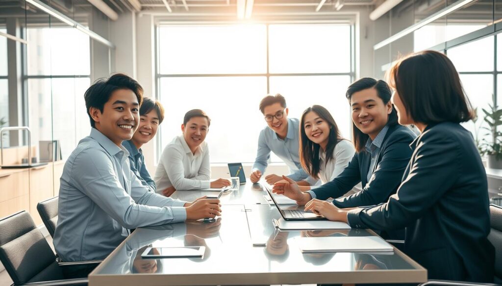 A bustling modern office setting, with a team of young, dynamic Japanese-looking professionals gathered around a conference table, deep in discussion. Bright, natural lighting filters in through large windows, casting a warm, productive glow. The team appears engaged and enthusiastic, their expressions conveying a sense of accomplishment and pride. In the background, sleek, minimalist decor and state-of-the-art technology create an atmosphere of innovation and success. The overall scene exudes a mood of collaborative achievement, reflecting the "成功事例" at the heart of this thriving venture enterprise.