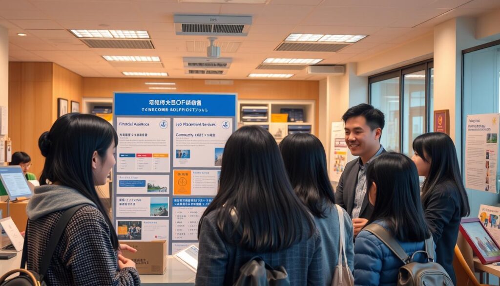 A bustling municipal office, bathed in warm lighting that casts a welcoming glow. In the foreground, a group of young, black-haired Japanese individuals consult with friendly staff, discussing the various support programs available from the local government. The middle ground showcases informative displays and brochures, detailing the range of financial assistance, job placement services, and community resources designed to aid those transitioning to a new life in the region. The background reveals a modern, efficient workspace, where efficient processes and dedicated public servants work to empower the local community. The scene conveys a sense of optimism and proactive collaboration, reflecting the municipal government's commitment to supporting those seeking a fresh start in the area.