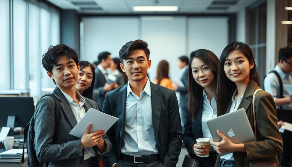 A bustling office scene depicting the transition from public service to private enterprise. In the foreground, a group of young Japanese professionals - stylishly dressed, their expressions a mix of determination and uncertainty - stand amidst the clutter of resumes, laptops, and coffee cups. The middle ground is a blur of activity, with other job-seekers hurrying to and fro, networking and interviewing. The background is softly lit, conveying a sense of quiet contemplation as they consider their next career moves. Crisp, realistic lighting illuminates the scene, capturing the blend of hope and anxiety that often accompanies a mid-career shift.