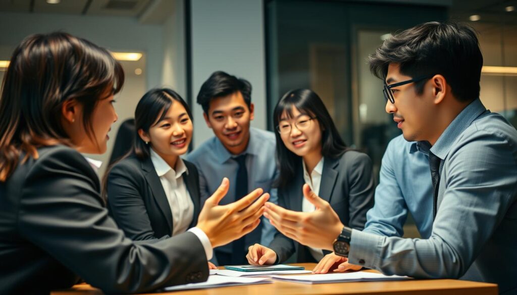 A bustling office scene, showcasing a team of young, professional Japanese-looking individuals huddled around a table, engaged in a lively discussion. Soft, warm lighting illuminates the space, creating a cozy and collaborative atmosphere. The group is dressed in business attire, their expressions focused and attentive, as they strategize and share insights on navigating the job market. In the foreground, a senior member of the team gestures animatedly, guiding the others through the intricacies of working with a career placement agency. The background is blurred, drawing the viewer's attention to the central figures and their thoughtful exchange.