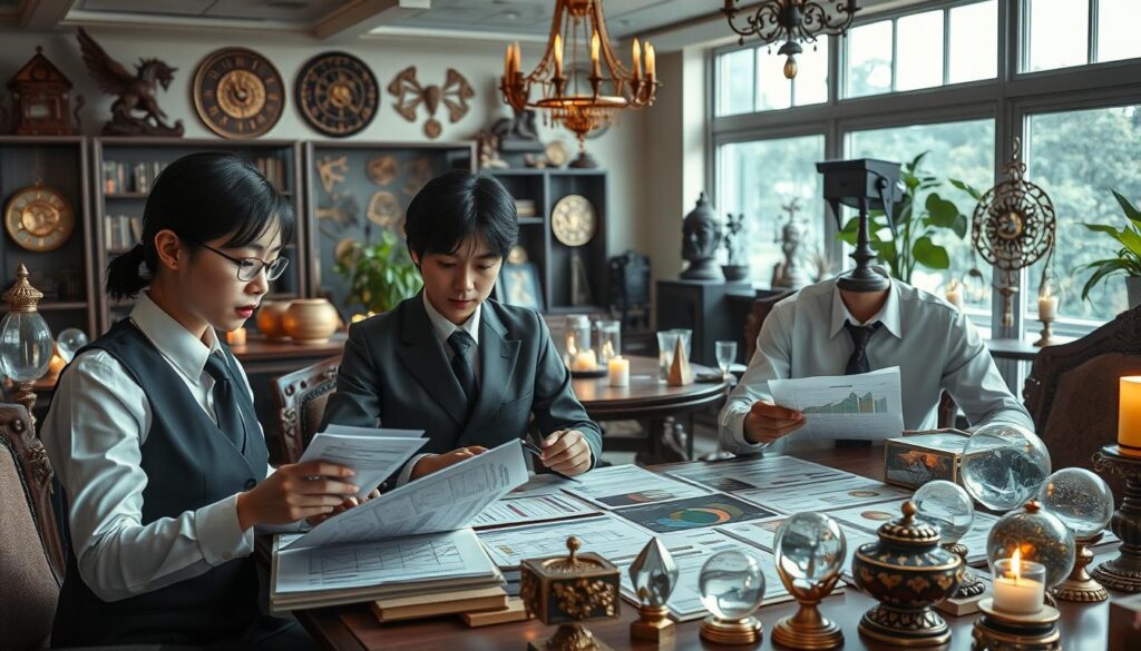 A bustling office scene showcasing the diverse income streams of the divination industry. In the foreground, young Japanese-looking professionals in formal attire pore over spreadsheets and charts, analyzing revenue data. The middle ground reveals various divination services - tarot readings, fortune-telling, astrological consultations - each with their own pricing tiers. In the background, an array of crystal balls, mystical symbols, and ornate furniture suggest the opulent ambiance of high-end occult establishments. Soft, natural lighting filters through large windows, lending an air of tranquility and professionalism to the workspace. The overall mood conveys the thriving, multifaceted nature of the divination business.