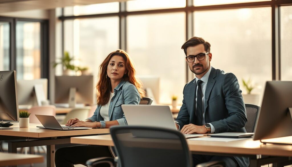 A bustling office scene with two contrasting figures - a part-time employee and a full-time professional, both seated at their desks. The part-timer, dressed casually, appears relaxed and focused, while the full-timer, in a crisp suit, exudes an air of seriousness and determination. Soft, natural lighting from large windows creates a warm, inviting atmosphere, highlighting the distinct work cultures and lifestyles of the two employees. The background features a clean, modern office environment with subtle details that convey a sense of professionalism and productivity. The image aims to visually encapsulate the nuanced differences in the experiences and perspectives of part-time and full-time workers.