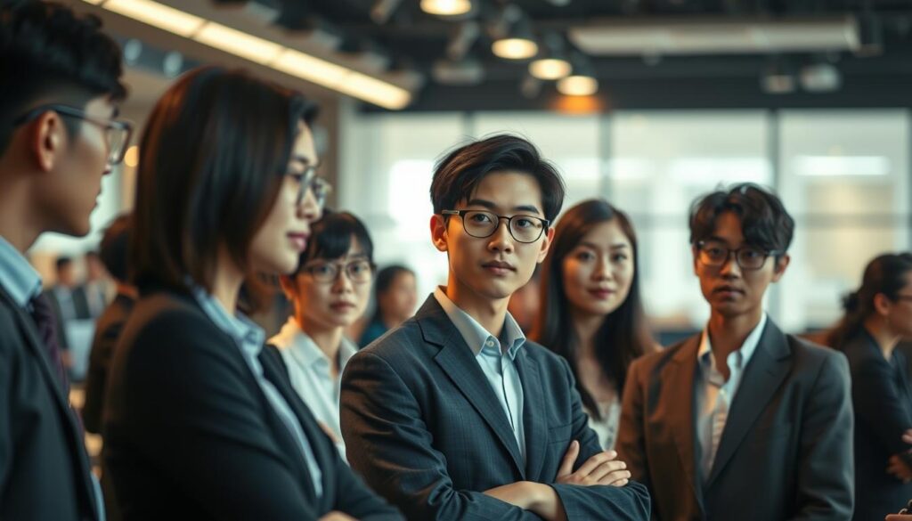 A bustling office scene, with young Japanese-looking professionals navigating the intricacies of career transition. In the foreground, a group gathers, their expressions pensive as they discuss the cautionary aspects of changing jobs in the customer service industry. Soft, warm lighting casts a contemplative mood, while the background blurs into a hazy, office environment, hinting at the broader context. The models, diverse yet united in their youthful, realistic appearances, convey the gravity of the situation through their body language and facial features. An image that captures the nuances of navigating a career shift, both the opportunities and the challenges that lie ahead.