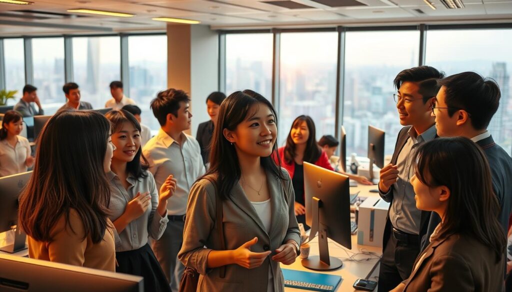 A bustling office setting, bathed in warm lighting and filled with the energy of a dynamic job placement agency. In the foreground, a group of young, professional-looking Japanese individuals engaged in animated discussions, their faces reflecting a mix of determination and optimism. The middle ground showcases a modern, sleek workspace with neatly arranged desks, computer monitors, and various office supplies, creating a sense of efficiency and organization. In the background, a panoramic view of the city skyline can be seen through large windows, symbolizing the endless possibilities that await the job seekers. The overall atmosphere conveys a sense of opportunity, guidance, and the promise of a brighter future for those seeking to take the next step in their careers.