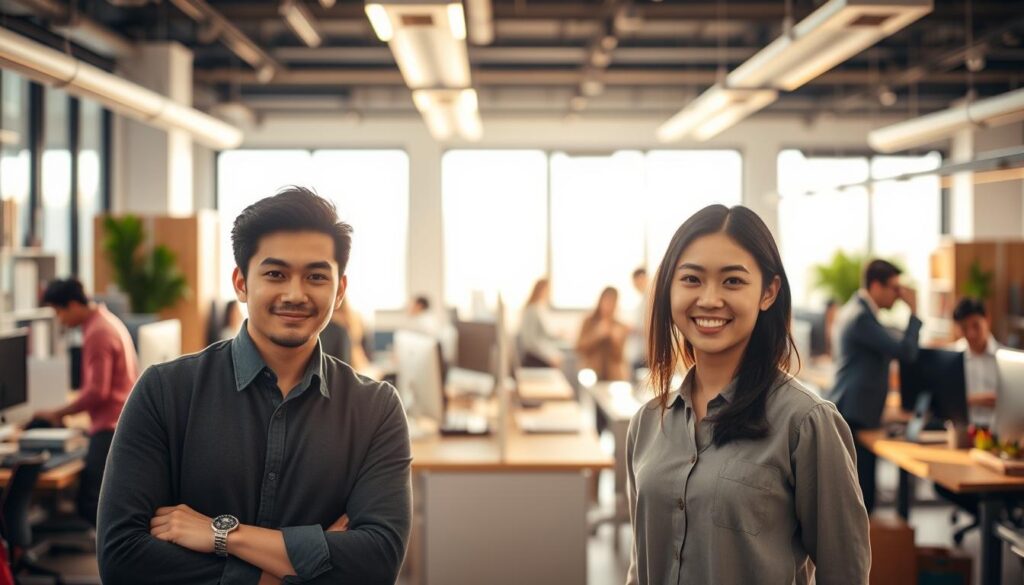 A bustling office setting, bathed in warm, natural lighting filtering through large windows. In the foreground, three young professionals - a man and two women - stand confidently, their expressions exuding determination and optimism. They represent a diverse range of backgrounds, their dark-haired, Japanese-inspired features conveying a sense of relatability. The middle ground showcases various office equipment and furnishings, creating a sense of a welcoming, modern workspace. In the background, blurred yet visible, other employees can be seen engaged in their tasks, emphasizing the collaborative and vibrant atmosphere of this approachable, entry-level career path.