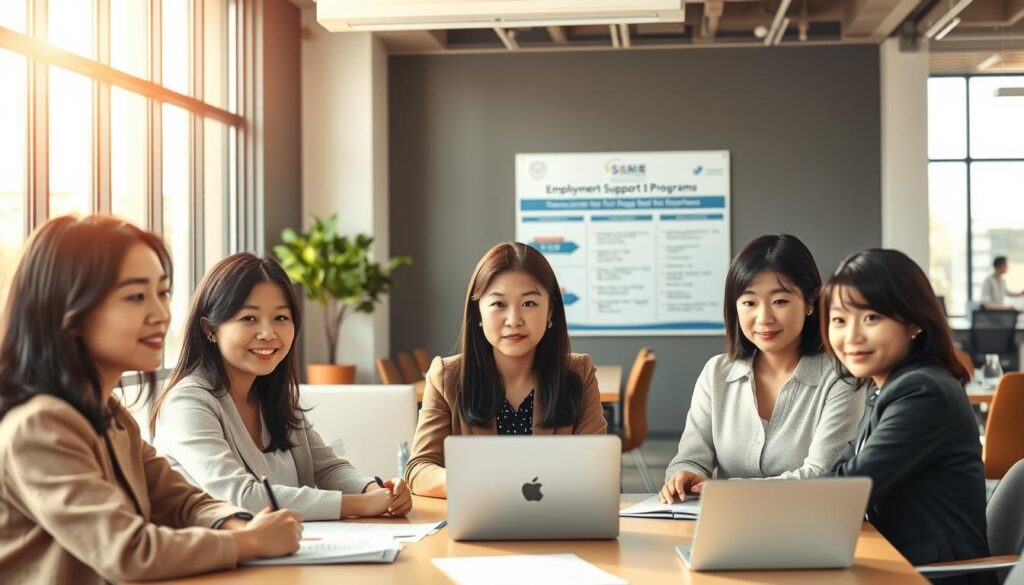 A bustling office setting, bathed in warm, natural lighting filtering through large windows. In the foreground, a group of young, professional-looking Japanese women, their expressions conveying a mix of focus and determination. They are gathered around a table, engaged in a discussion, papers and laptops scattered before them. In the middle ground, a bulletin board displays information on various government-sponsored employment support programs, catering specifically to single mothers. The background showcases a modern, well-equipped workspace, with sleek furniture and minimalist decor, creating a sense of productivity and efficiency. The overall atmosphere conveys a supportive and empowering environment, where single mothers can navigate the challenges of finding suitable employment.