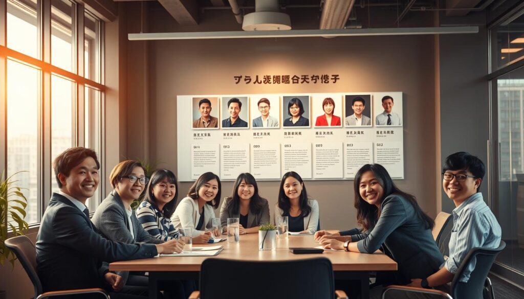 A bustling office setting, bathed in warm, natural lighting from large windows. In the foreground, a group of young Japanese professionals sitting around a conference table, engaged in a lively discussion. Their faces express a mix of enthusiasm and determination, reflecting their journey of successful career transitions. The middle ground showcases a wall display showcasing their individual stories, each with a portrait and a brief testimonial. The background blurs softly, hinting at the broader corporate environment that has enabled their professional growth. The overall atmosphere conveys a sense of camaraderie, inspiration, and the tangible rewards of taking the leap into a new career path.