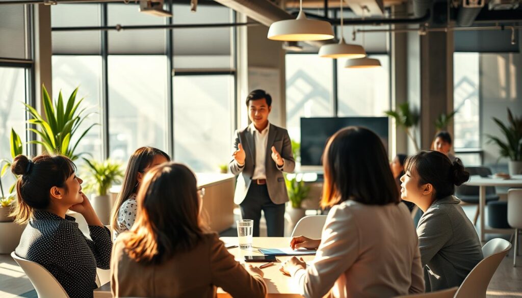 A bustling office setting, bathed in warm, natural lighting that filters through large windows. In the foreground, a group of young, professional-looking Japanese individuals seated around a conference table, engaged in a lively discussion. Their expressions convey a sense of enthusiasm and collaboration. In the middle ground, a career counselor stands, gesturing animatedly as they guide the group. The background showcases the trappings of a modern workplace - sleek furniture, potted plants, and a minimalist, yet sophisticated decor. The overall atmosphere exudes a sense of productivity, guidance, and the promise of new opportunities.