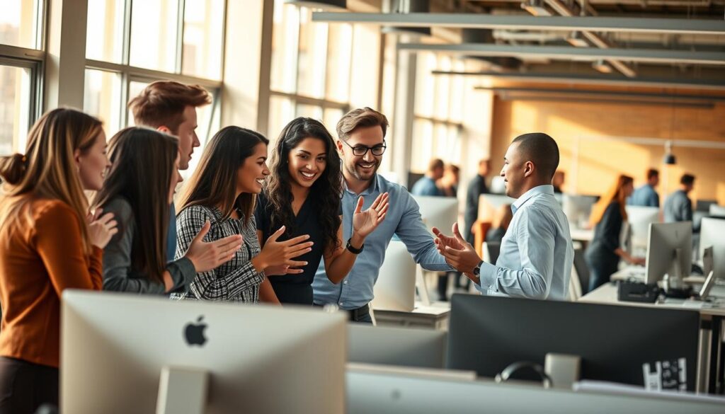 A bustling office setting, bathed in warm, natural lighting that filters through large windows. In the foreground, a group of young, driven professionals - diverse in their appearances but united in their focus and determination. They huddle around a table, engaged in a lively discussion, gesturing animatedly as they explore new career possibilities. The middle ground showcases a backdrop of orderly desks, sleek computers, and neatly organized files, hinting at the structured yet dynamic nature of their work environment. In the background, a subtle sense of movement and energy, as colleagues move between workstations, sharing ideas and collaborating. The overall atmosphere conveys a sense of growth, opportunity, and the potential for career advancement through the strategic leveraging of one's current position.