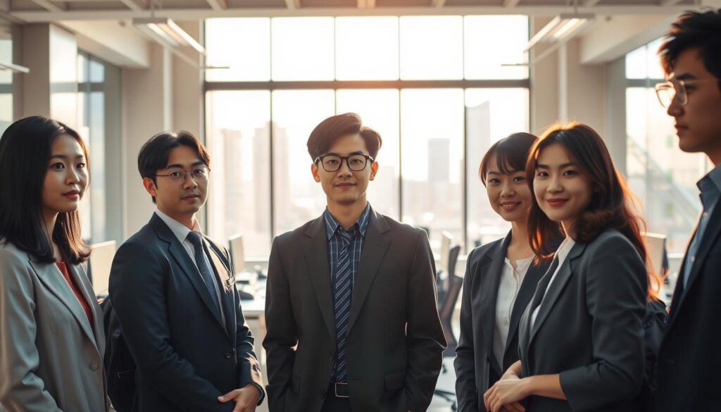 A bustling office setting, bathed in warm, natural lighting. In the foreground, a group of young, professionally-dressed Japanese individuals stand, their faces conveying a mix of contemplation and determination. They represent the diverse demographics navigating the challenges of public sector career transitions, their ages ranging from the early 20s to the late 30s. The middle ground showcases a clean, minimalist workspace, with neatly organized desks and sleek, modern furnishings. In the background, a large window overlooks a dynamic urban skyline, hinting at the broader career opportunities awaiting these motivated individuals. The overall atmosphere exudes a sense of professionalism, change, and the pursuit of new horizons within the public service realm.