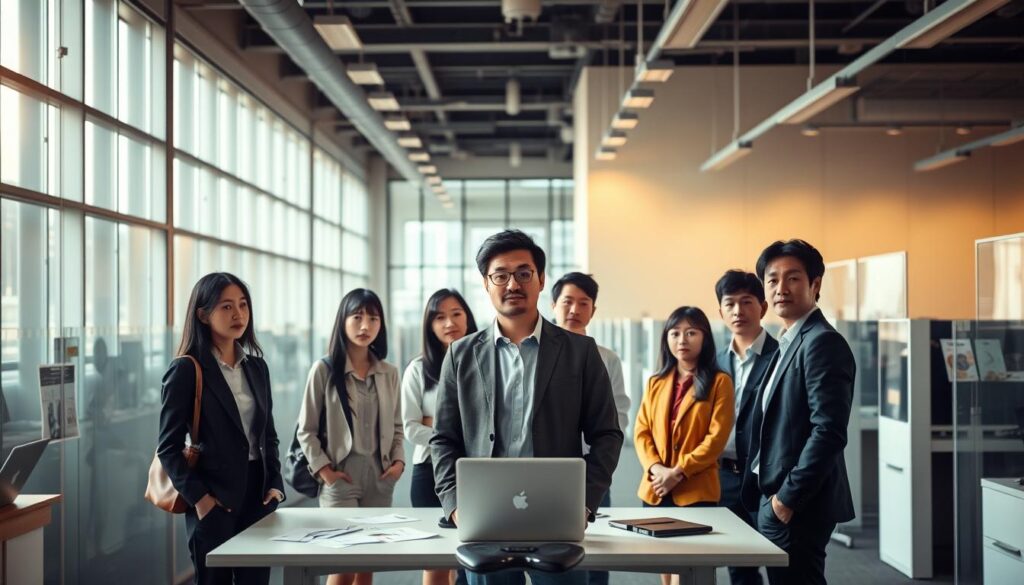 A bustling office setting, bathed in warm, natural lighting. In the foreground, a group of young, professional-looking Japanese individuals stand in a semi-circle, their expressions conveying a mix of concern and contemplation. The middle ground features a large, minimalist desk with a laptop and some scattered documents, hinting at the data and analysis at hand. In the background, a series of sleek, glass-paneled cubicles create a sense of depth and a corporate atmosphere. The overall mood is one of thoughtful consideration, as the figures ponder the implications of frequent job changes and the hiring challenges they present.