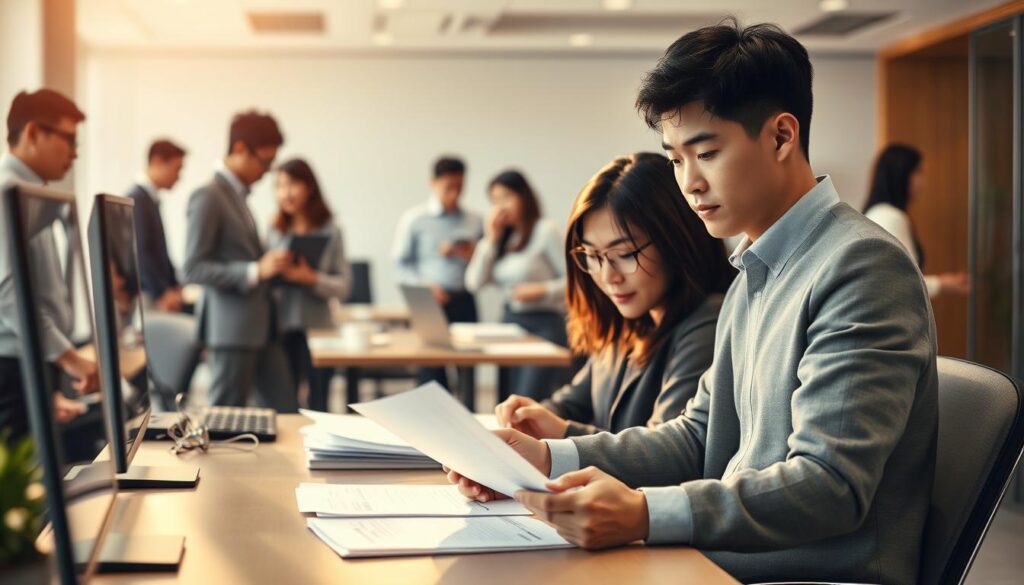 A bustling office setting, bathed in warm, natural lighting. In the foreground, a young Japanese professional seated at a desk, meticulously reviewing documents and forms. Behind them, a colleague providing guidance, their expressions earnest and supportive. In the middle ground, a sense of camaraderie as coworkers gather around, offering advice and signatures. The background reveals a modern, minimalist workspace, with clean lines and muted tones, creating a serene and focused atmosphere. The scene conveys the step-by-step process of resigning from a position, with attention to detail and a supportive team guiding the transition.