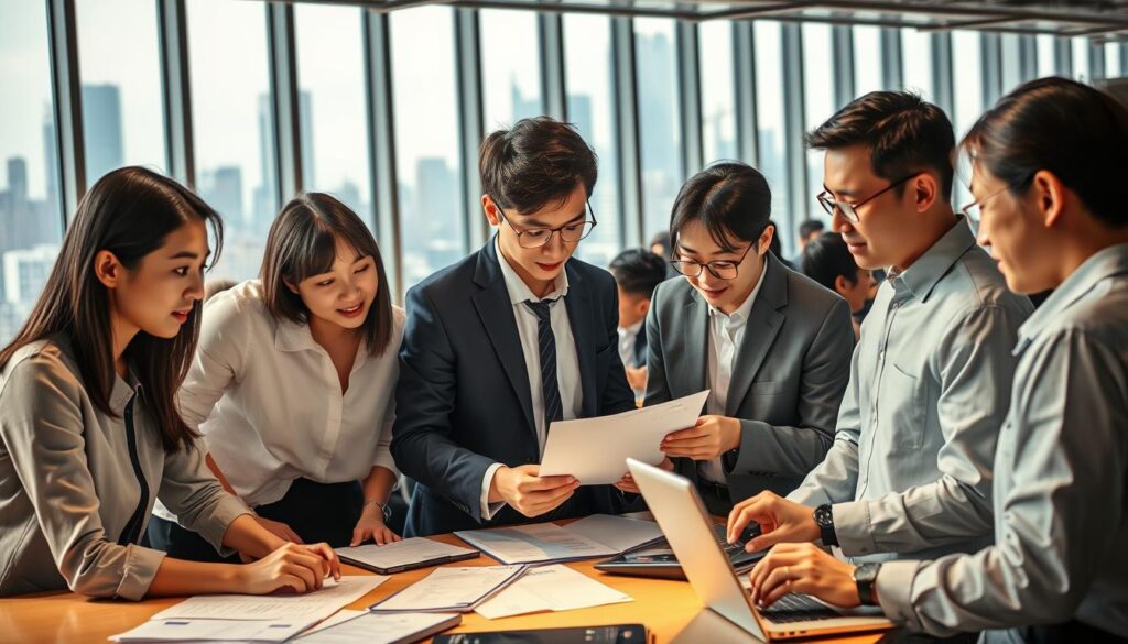 A bustling office setting, illuminated by warm, natural lighting that filters through large windows. In the foreground, a group of young, professional-looking Japanese consultants huddle around a table, engaged in a lively discussion. Their expressions convey a sense of focus and determination as they analyze data and documents. In the middle ground, other consultants type furiously on their laptops, while in the background, the cityscape of a thriving financial district can be seen through the windows, hinting at the broader industry landscape. The scene exudes an atmosphere of productivity, innovation, and the fast-paced nature of the consulting field.